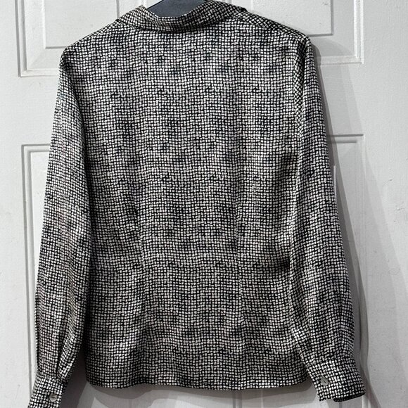 Nora Noh Silk Pet Sz M Blouse Button Up Shirt Long Sleeve Black/White Spots - Picture 7 of 11